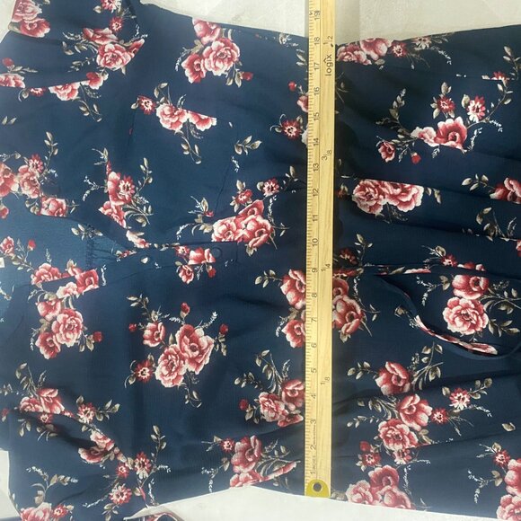 Andree By Unit Floral Navy Dress Womens L Button-Front Roll Tab Sleeves Casual - Picture 9 of 14